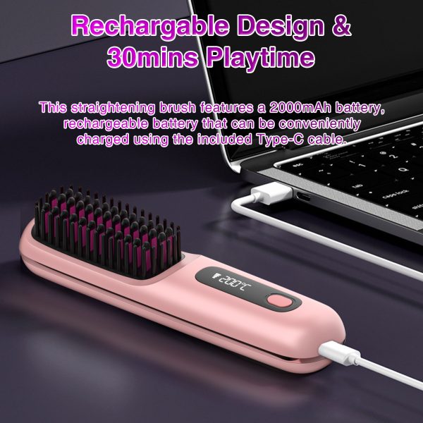 S7 Portable Cordless Hair Straightening Brush With LED Display - Lightweight Mini Negative Ion Hot Brush, USB Rechargeable Women's Travel Essentials Gift, Scald Protection - Image 3