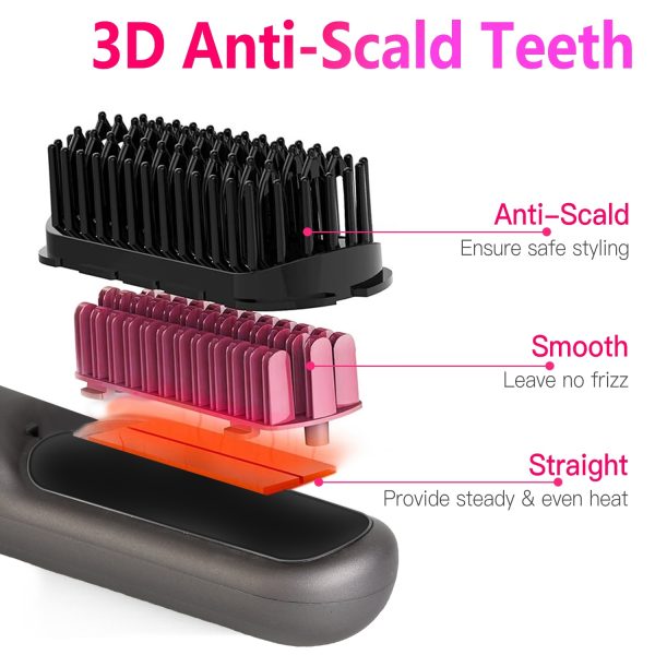 Grey-Black Options -- 1Pc Cordless Negative Ion Hair Straightener Brush Rechargeable Mini Styling Comb With 12 Heating Levels Anti-scald 30S Preheating 30Mins Auto Sleep LCD Display - Image 3