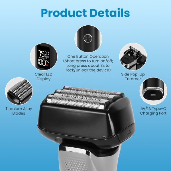 Electric Foil Face Shaver 5-Blade Electric Razor For Men Wet & Dry Jawline Beard Trimmer Precision Sideburn Shavers IPX6 Waterproof With LED Display Cleaning Brushes - Image 9