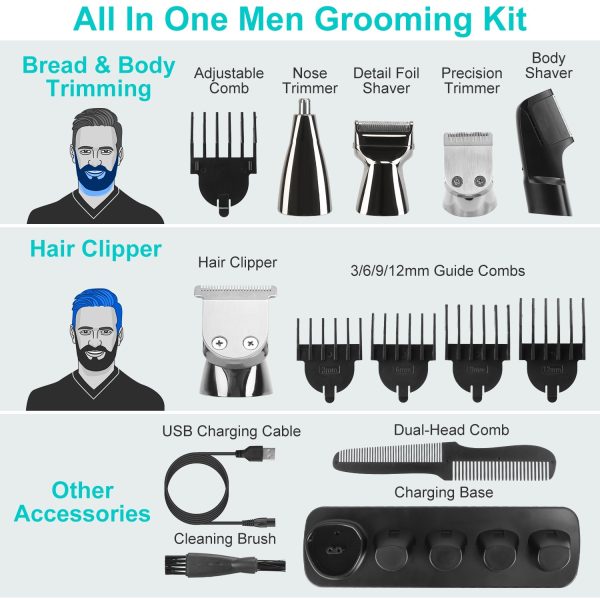 1Set All In One Beard Trimmer For Men With 5 Trimmer Heads IPX5 Waterproof Electric Razor For Face Nose Body Beard Cordless Hair Shaver Clipper Grooming Kit For Men Husband Father - Image 4