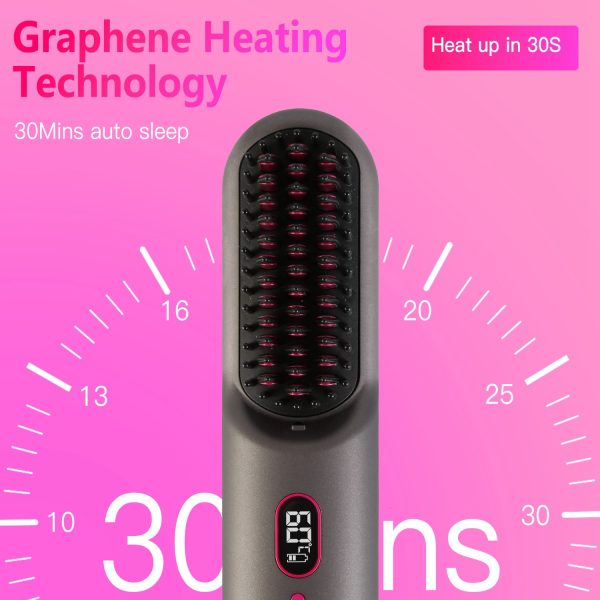 Grey-Black Options -- 1Pc Cordless Negative Ion Hair Straightener Brush Rechargeable Mini Styling Comb With 12 Heating Levels Anti-scald 30S Preheating 30Mins Auto Sleep LCD Display - Image 6