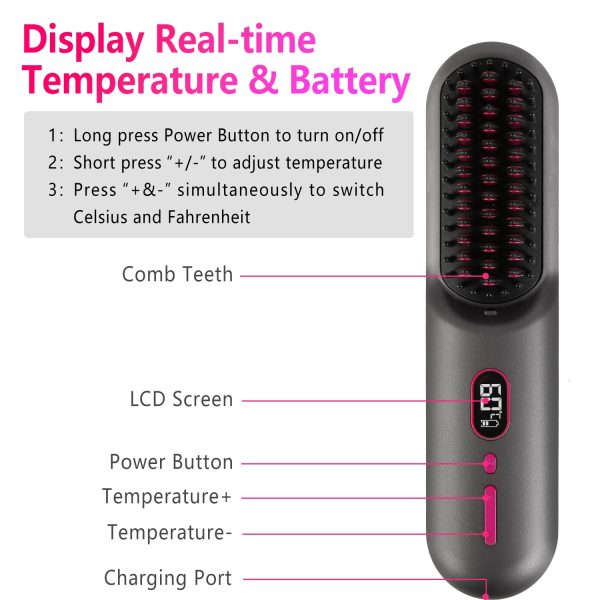 Grey-Black Options -- 1Pc Cordless Negative Ion Hair Straightener Brush Rechargeable Mini Styling Comb With 12 Heating Levels Anti-scald 30S Preheating 30Mins Auto Sleep LCD Display - Image 9